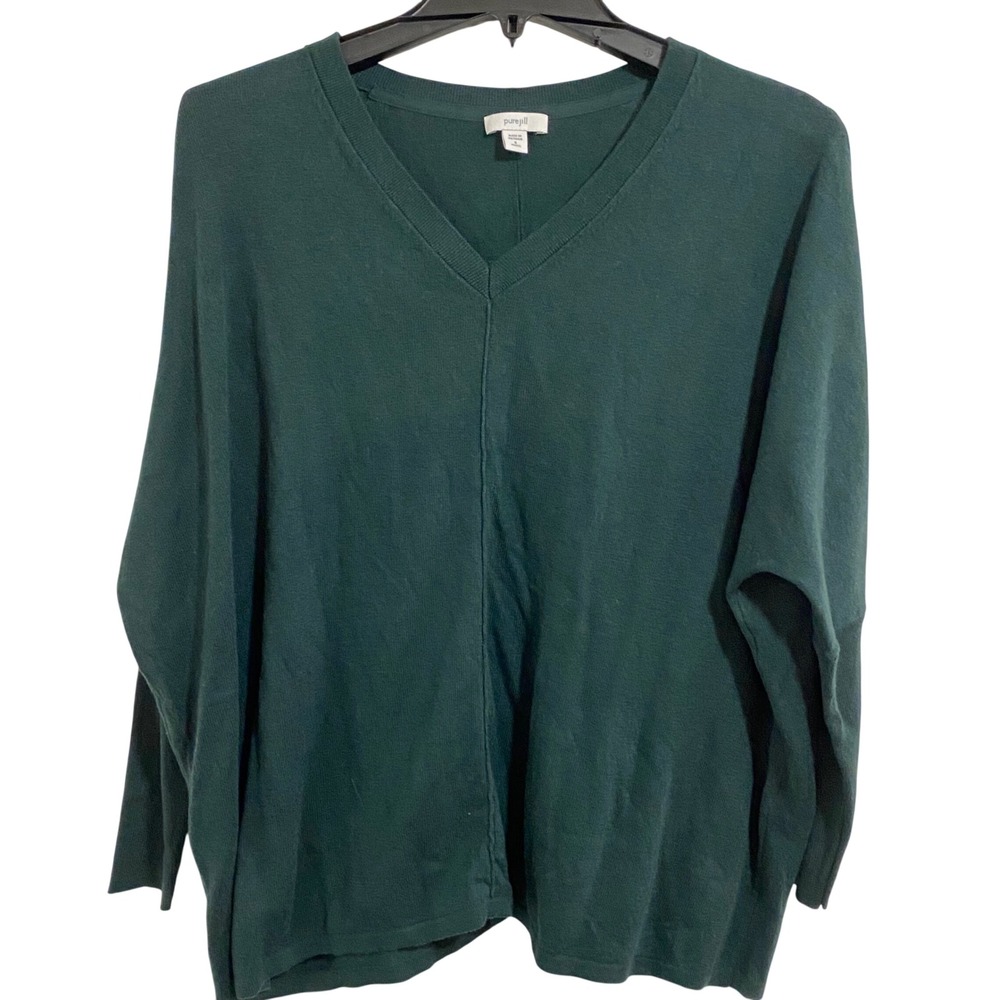 Pure Jill Green V-Neck Sweater Tunic Center Seam Relaxed Knit Pullover Women - Picture 2 of 8